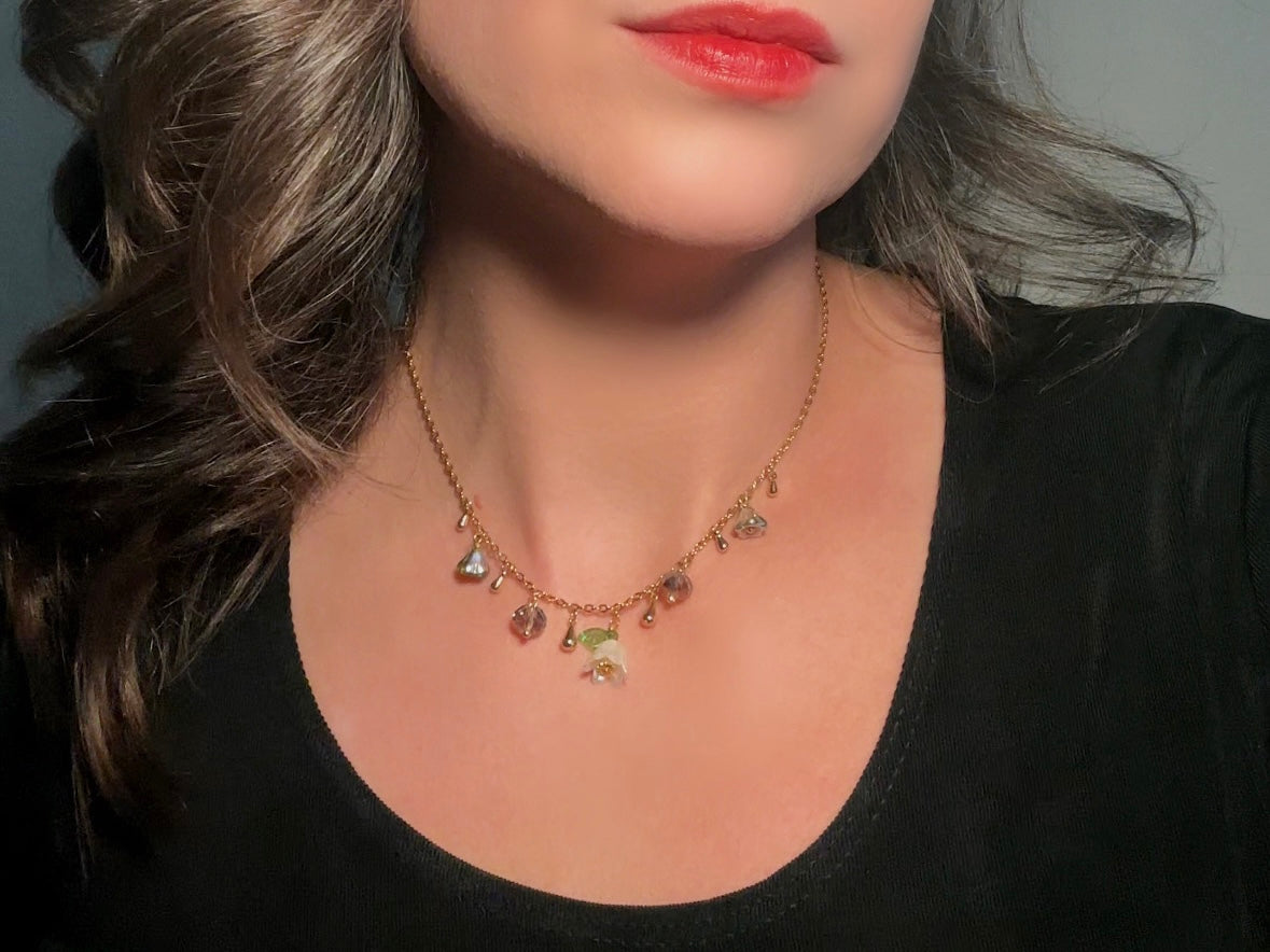 Flower Charm Necklace, Whimsical Handmade Necklace with Green and White Bell Flowers, 14k Raindrops and Crystals