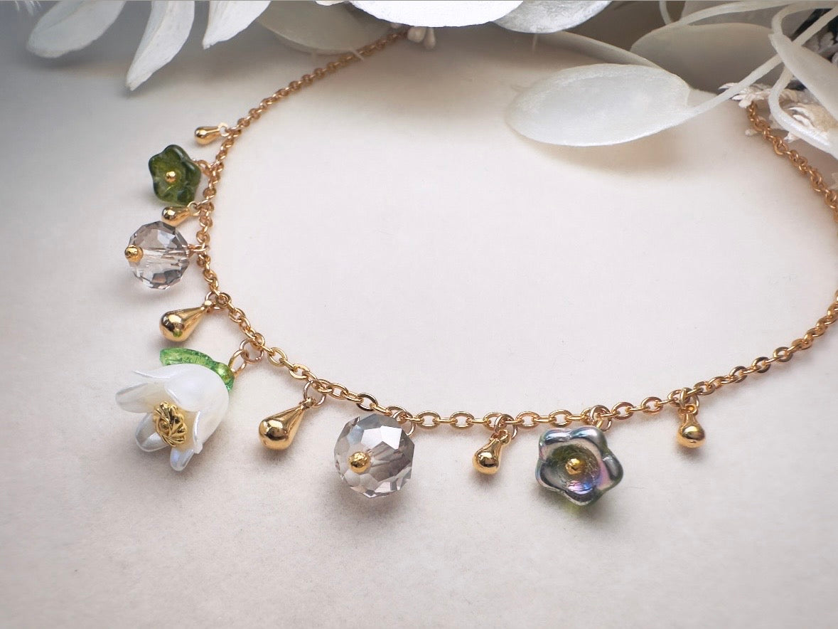 Flower Charm Necklace, Whimsical Handmade Necklace with Green and White Bell Flowers, 14k Raindrops and Crystals