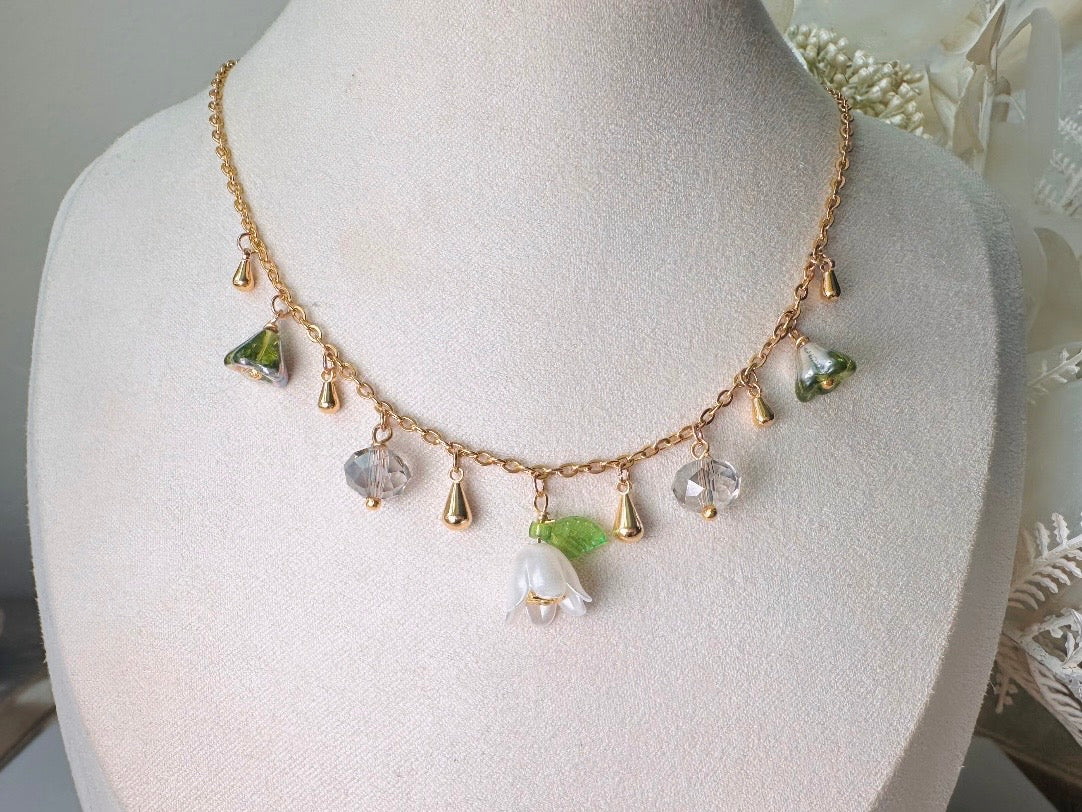 Flower Charm Necklace, Whimsical Handmade Necklace with Green and White Bell Flowers, 14k Raindrops and Crystals