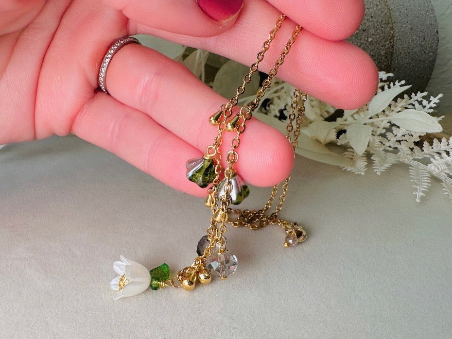 Flower Charm Necklace, Whimsical Handmade Necklace with Green and White Bell Flowers, 14k Raindrops and Crystals