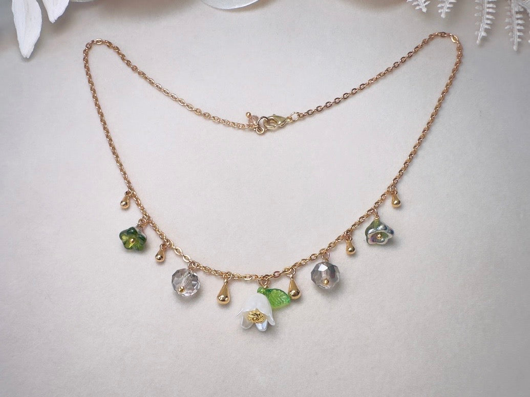 Flower Charm Necklace, Whimsical Handmade Necklace with Green and White Bell Flowers, 14k Raindrops and Crystals