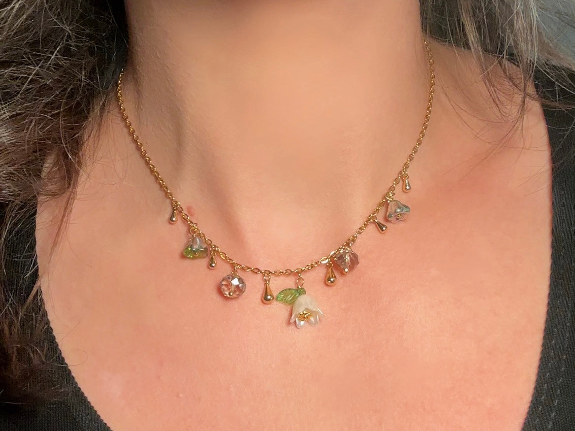 Flower Charm Necklace, Whimsical Handmade Necklace with Green and White Bell Flowers, 14k Raindrops and Crystals