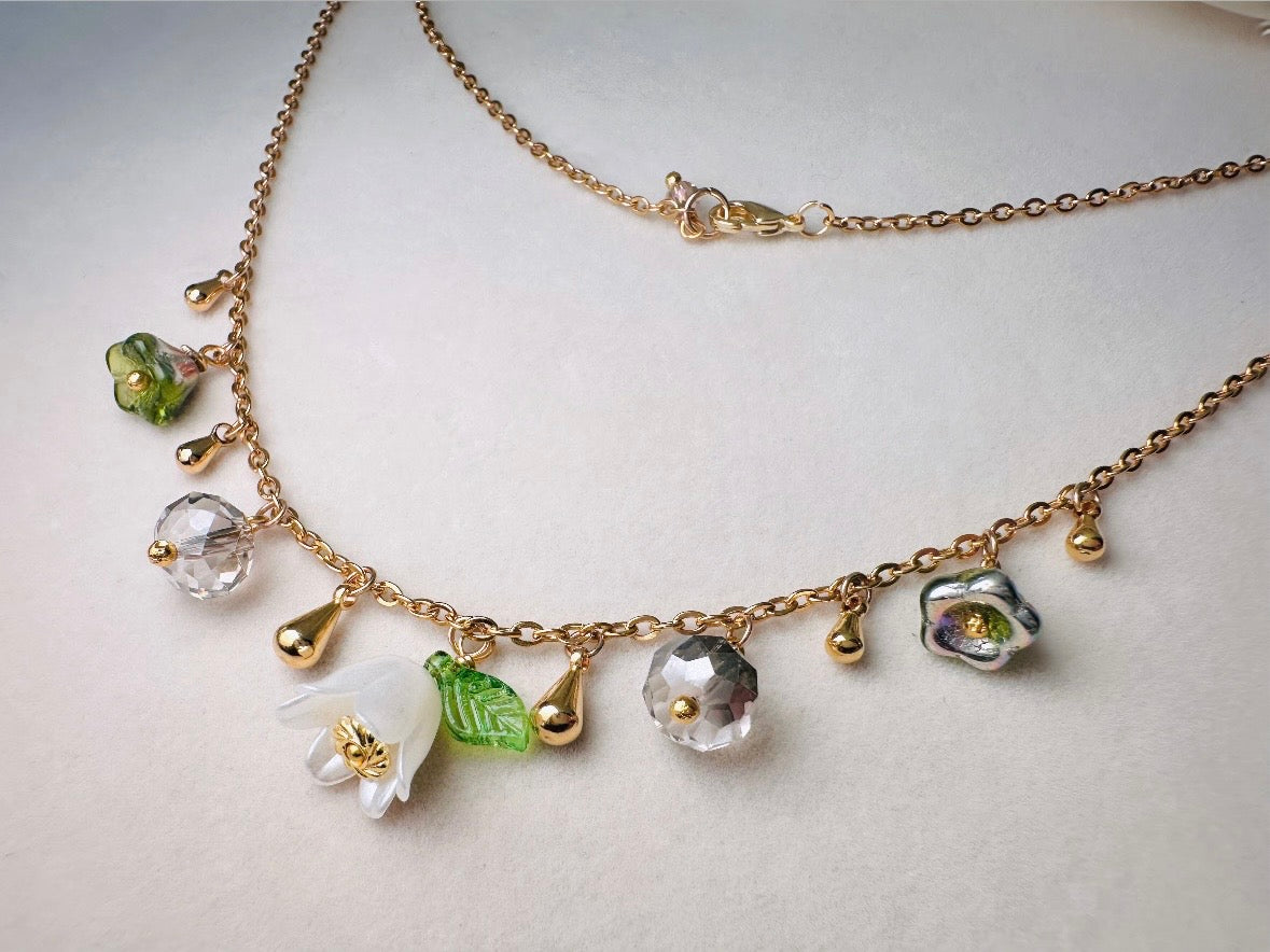 Flower Charm Necklace, Whimsical Handmade Necklace with Green and White Bell Flowers, 14k Raindrops and Crystals