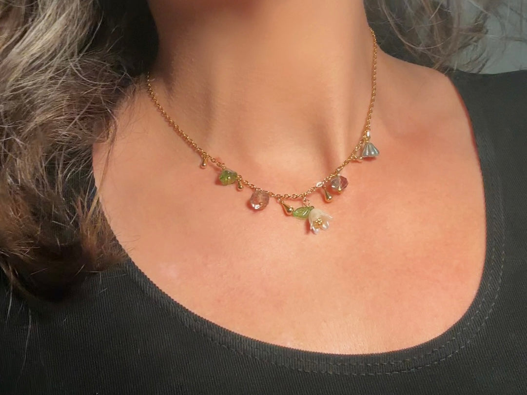 Flower Charm Necklace, Whimsical Handmade Necklace with Green and White Bell Flowers, 14k Raindrops and Crystals