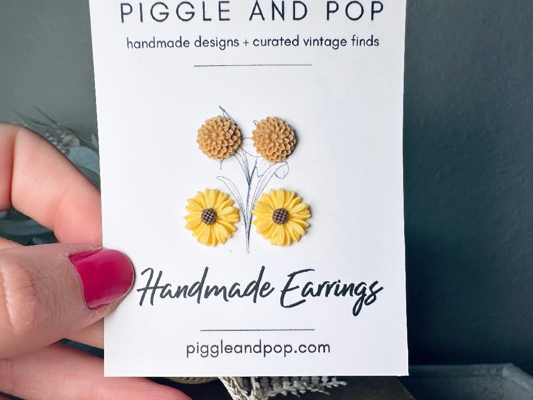 Flower Earring Gift Set, Yellow Gerber Daisy Earrings and Caramel Dahlia Post Earrings, Hypoallergenic Surgical Steel