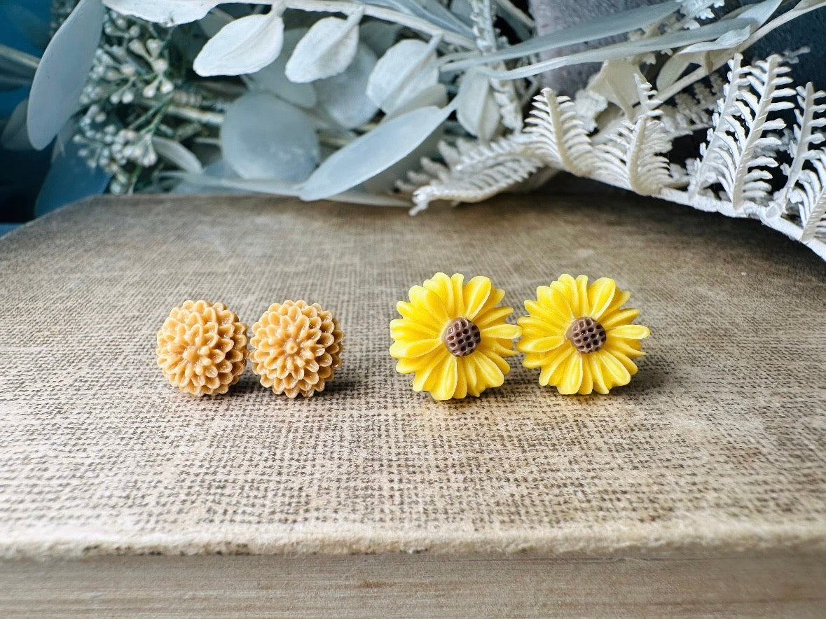 Flower Earring Gift Set, Yellow Gerber Daisy Earrings and Caramel Dahlia Post Earrings, Hypoallergenic Surgical Steel