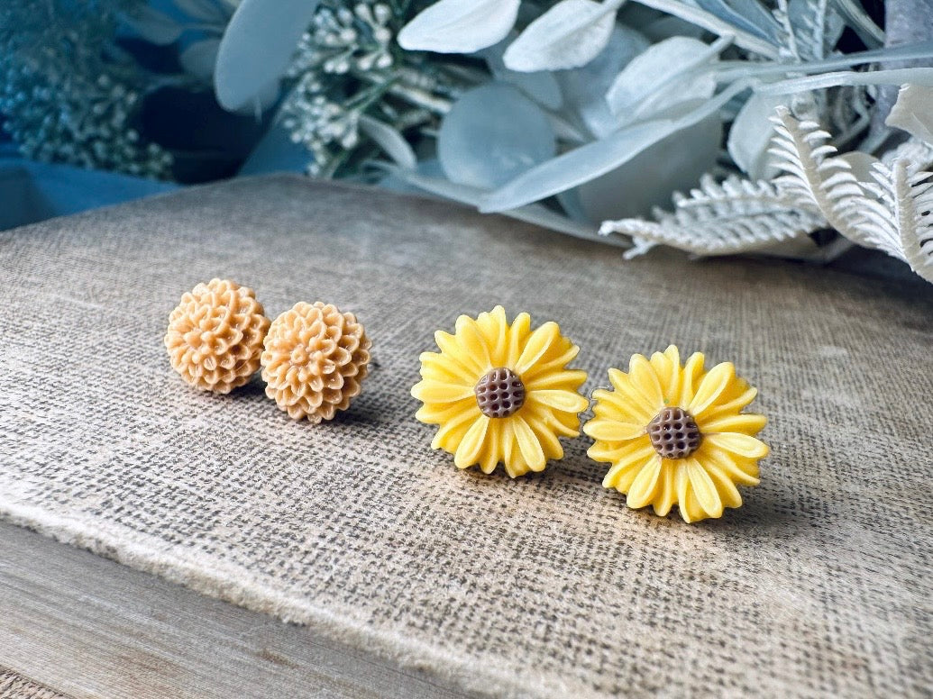 Flower Earring Gift Set, Yellow Gerber Daisy Earrings and Caramel Dahlia Post Earrings, Hypoallergenic Surgical Steel