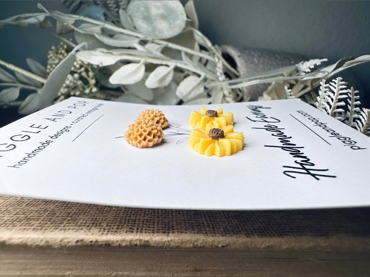 Flower Earring Gift Set, Yellow Gerber Daisy Earrings and Caramel Dahlia Post Earrings, Hypoallergenic Surgical Steel
