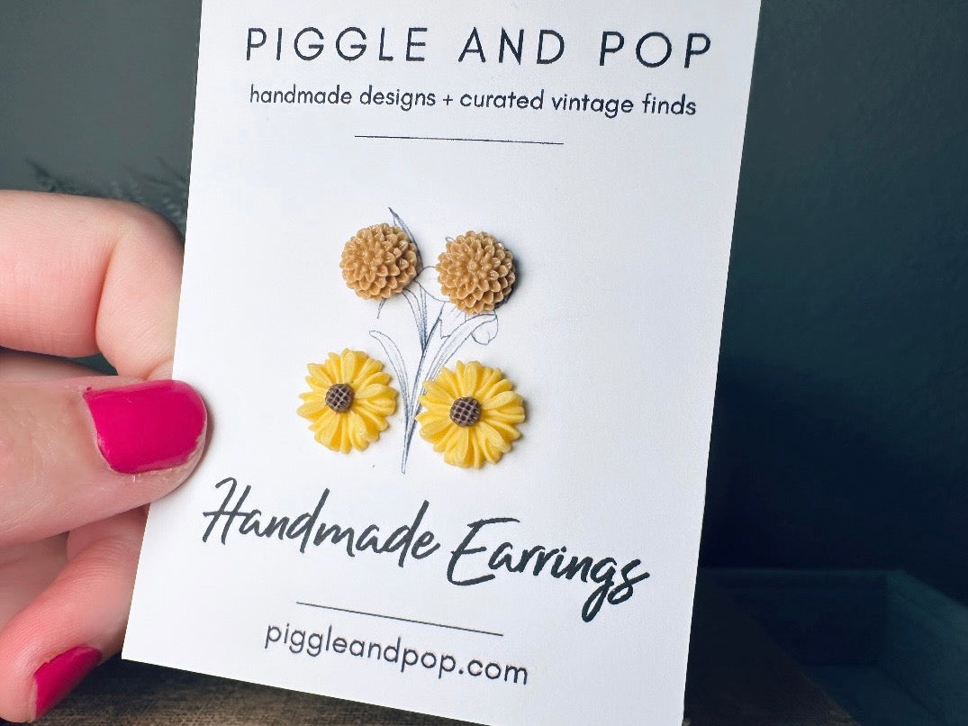 Flower Earring Gift Set, Yellow Gerber Daisy Earrings and Caramel Dahlia Post Earrings, Hypoallergenic Surgical Steel