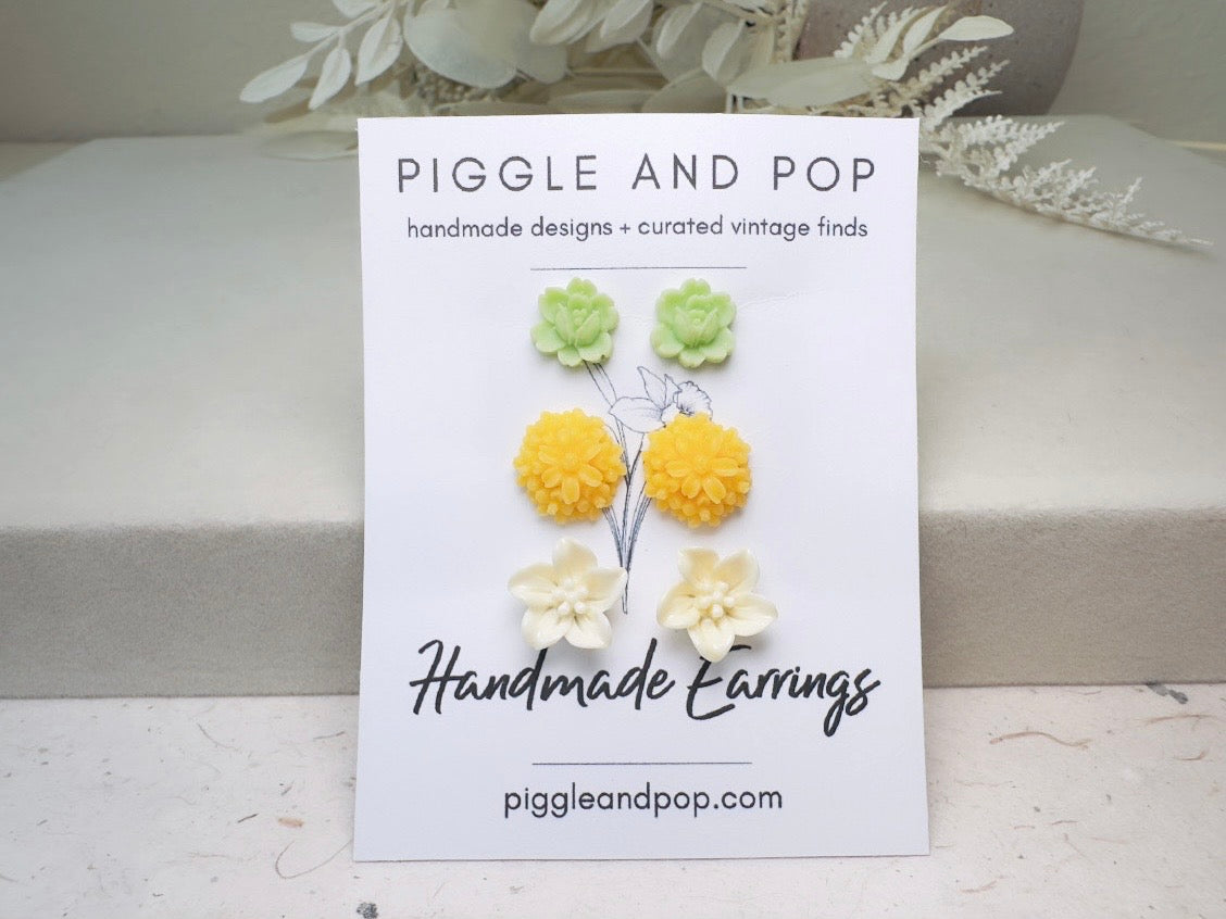 Flower Earring Set, Handmade Mint and Yellow Floral Hypoallergenic Surgical Steel Post Earrings