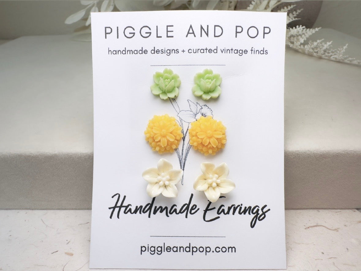Flower Earring Set, Handmade Mint and Yellow Floral Hypoallergenic Surgical Steel Post Earrings