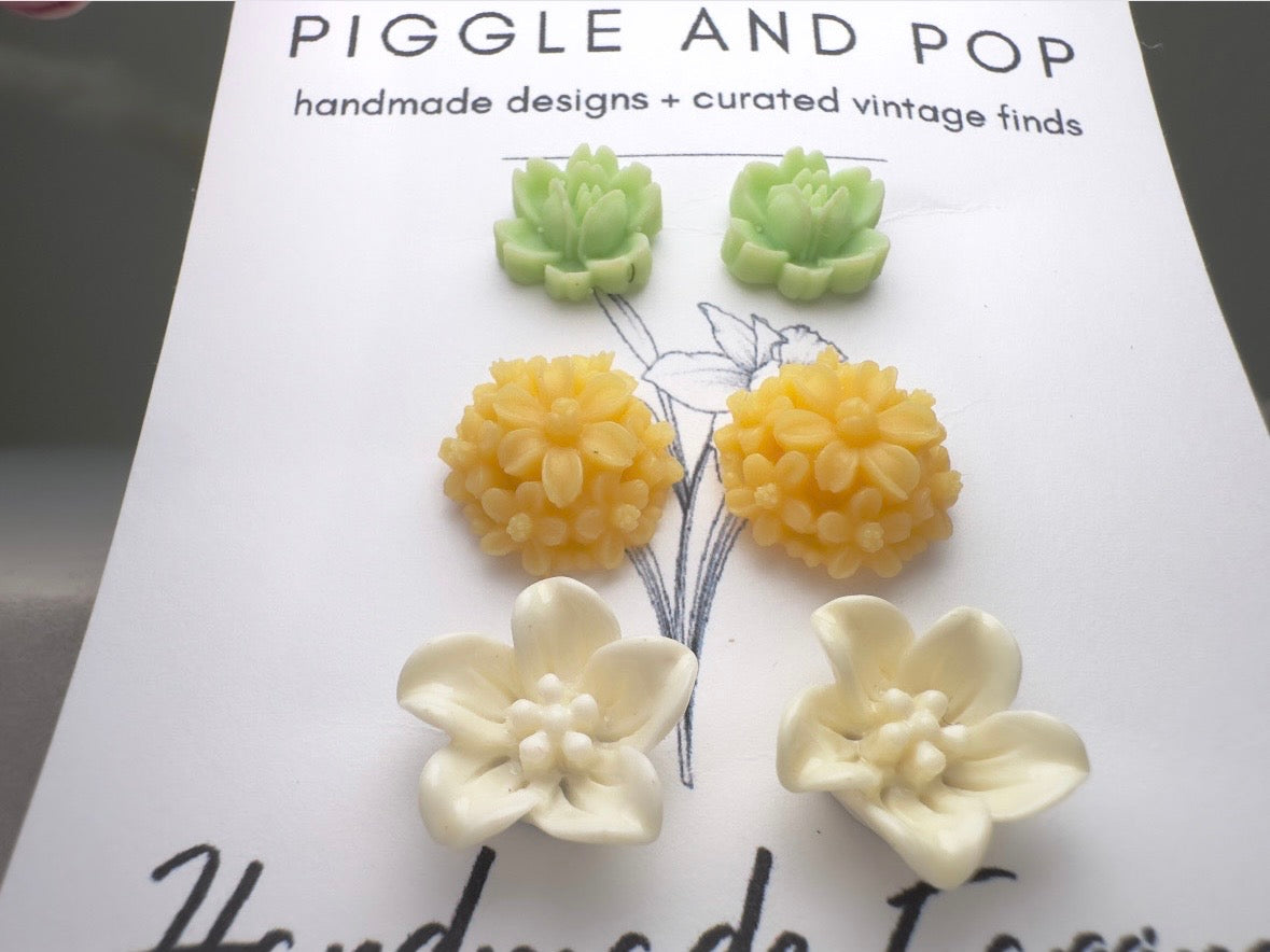 Flower Earring Set, Handmade Mint and Yellow Floral Hypoallergenic Surgical Steel Post Earrings