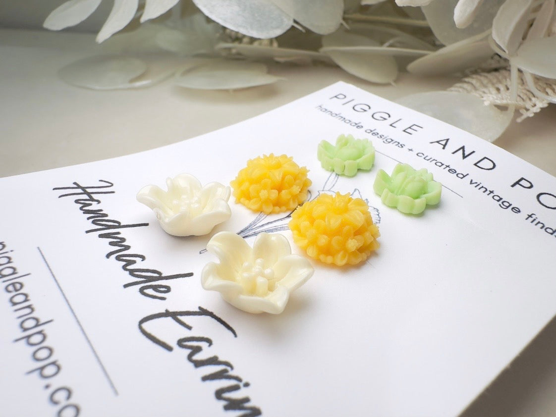 Flower Earring Set, Handmade Mint and Yellow Floral Hypoallergenic Surgical Steel Post Earrings