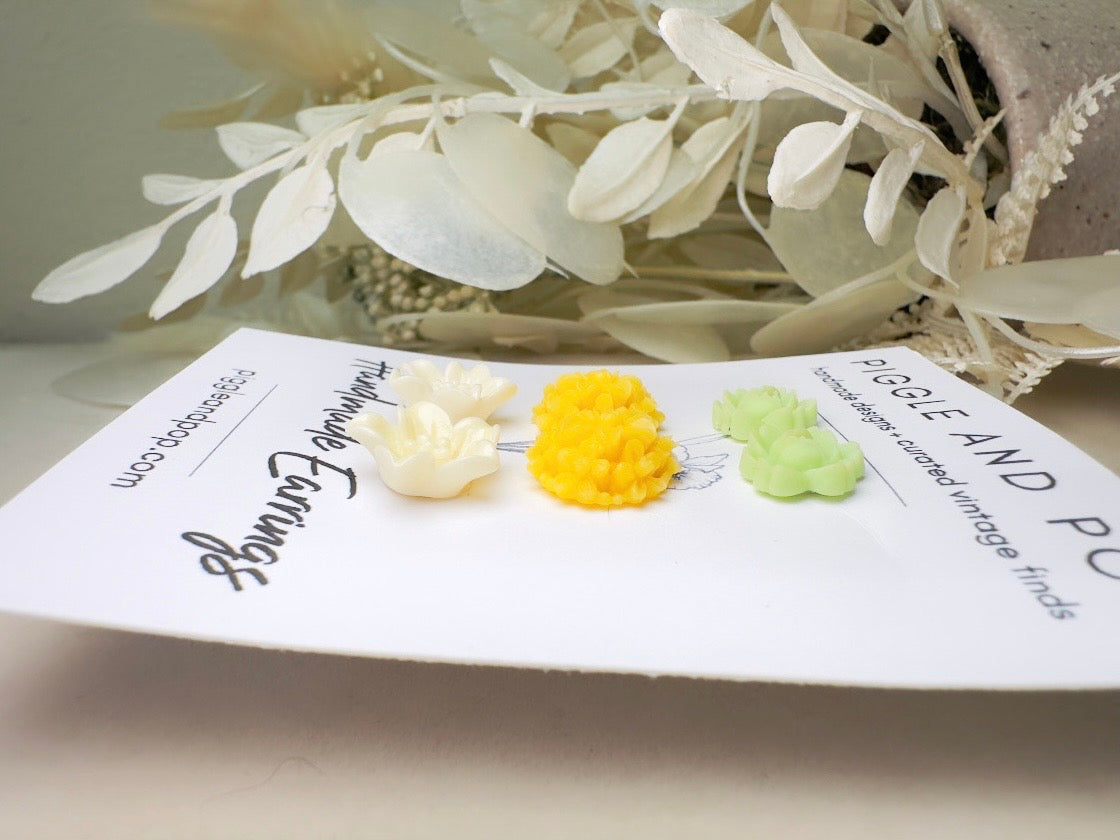 Flower Earring Set, Handmade Mint and Yellow Floral Hypoallergenic Surgical Steel Post Earrings
