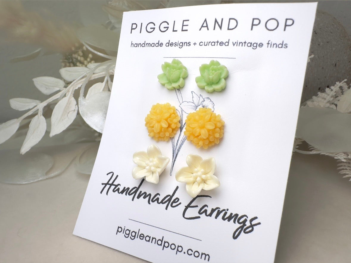 Flower Earring Set, Handmade Mint and Yellow Floral Hypoallergenic Surgical Steel Post Earrings