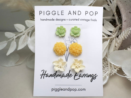 Flower Earring Set, Handmade Mint and Yellow Floral Hypoallergenic Surgical Steel Post Earrings