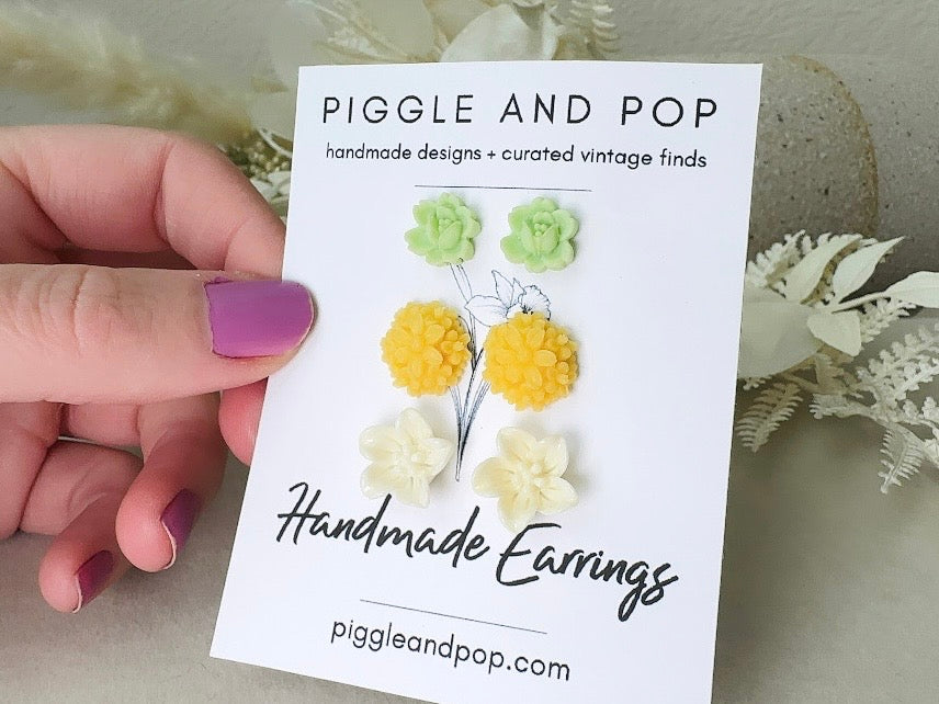 Flower Earring Set, Handmade Mint and Yellow Floral Hypoallergenic Surgical Steel Post Earrings