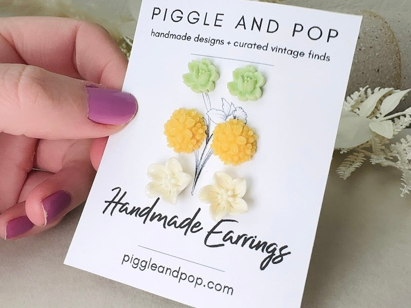 Flower Earring Set, Handmade Mint and Yellow Floral Hypoallergenic Surgical Steel Post Earrings
