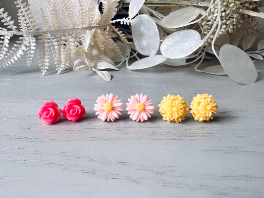 Flower Earring Set Pink and Yellow Hypoallergenic Surgical Steel Post Earrings
