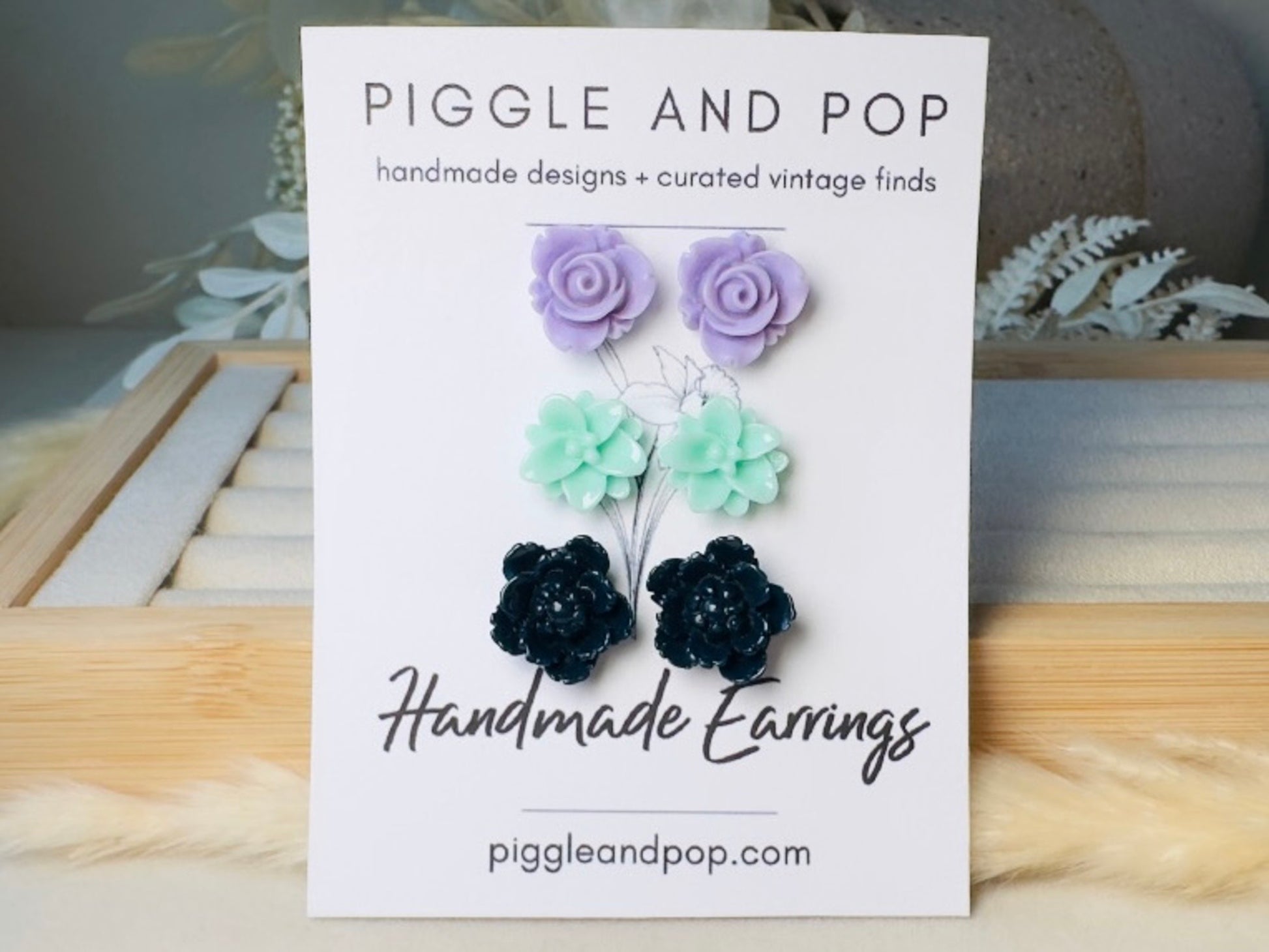 Flower Earring Set, Purple Mint and Navy Handmade Floral Hypoallergenic Surgical Steel Post Earrings