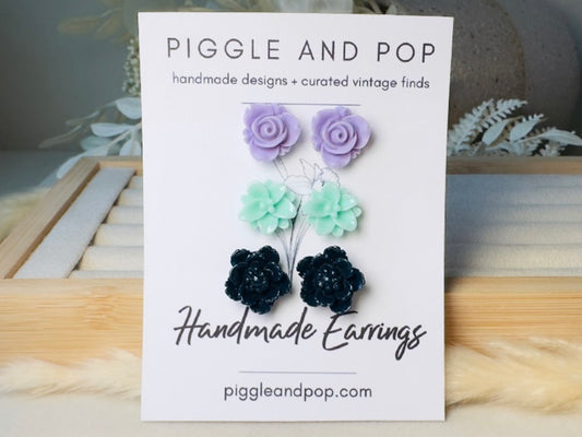 Flower Earring Set, Purple Mint and Navy Handmade Floral Hypoallergenic Surgical Steel Post Earrings