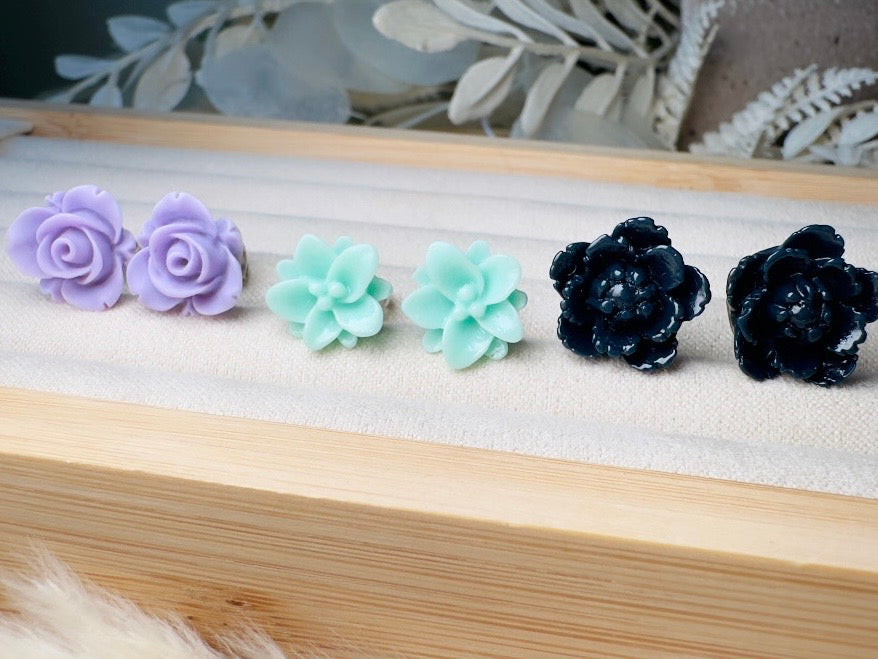 Flower Earring Set, Purple Mint and Navy Handmade Floral Hypoallergenic Surgical Steel Post Earrings