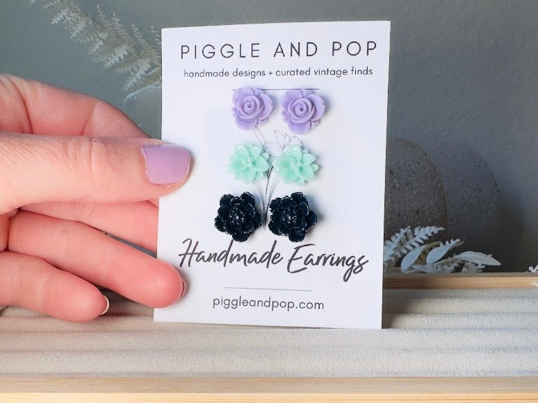 Flower Earring Set, Purple Mint and Navy Handmade Floral Hypoallergenic Surgical Steel Post Earrings