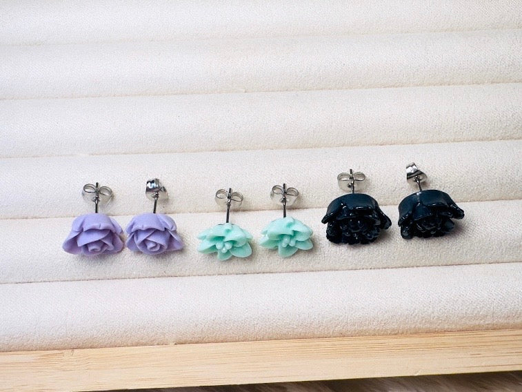 Flower Earring Set, Purple Mint and Navy Handmade Floral Hypoallergenic Surgical Steel Post Earrings