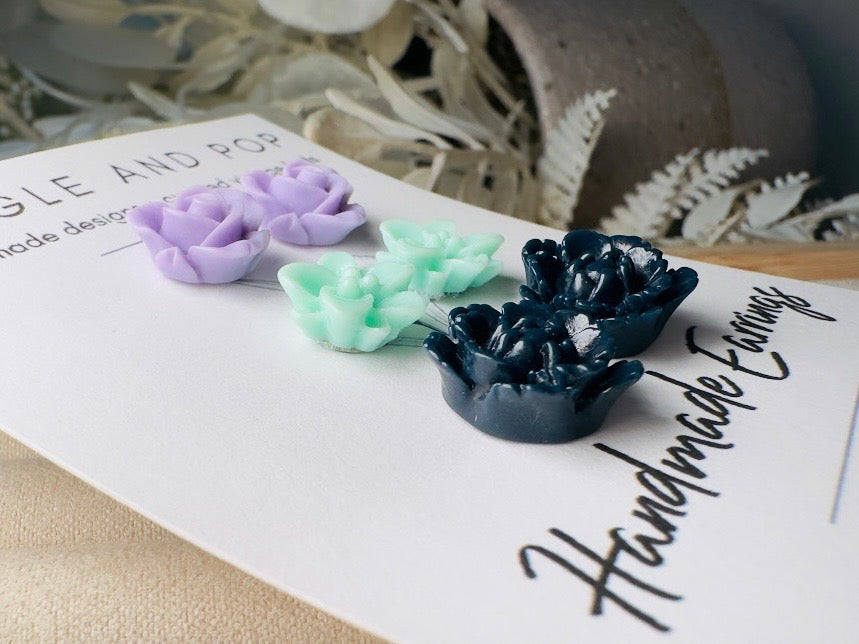Flower Earring Set, Purple Mint and Navy Handmade Floral Hypoallergenic Surgical Steel Post Earrings