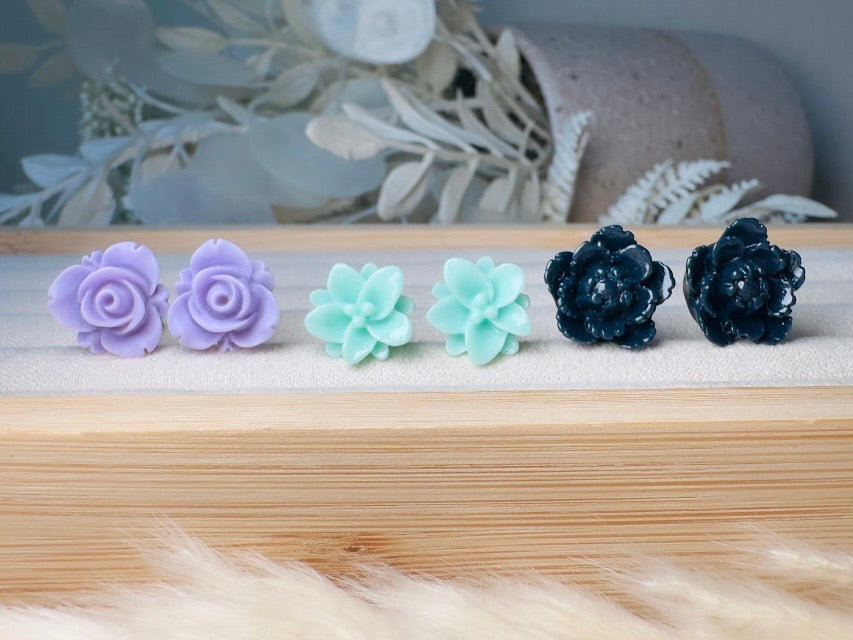 Flower Earring Set, Purple Mint and Navy Handmade Floral Hypoallergenic Surgical Steel Post Earrings
