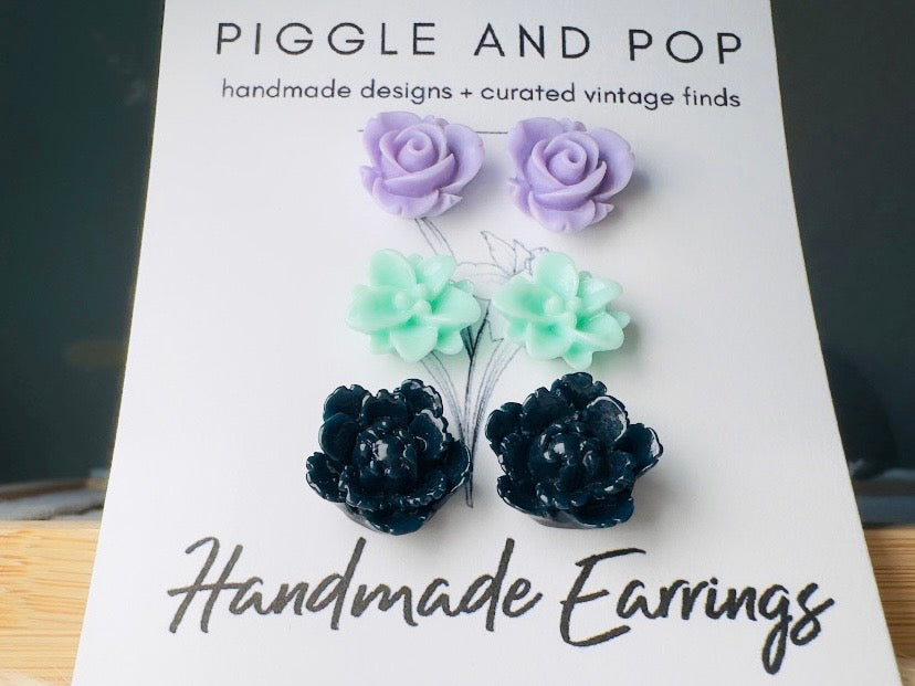 Flower Earring Set, Purple Mint and Navy Handmade Floral Hypoallergenic Surgical Steel Post Earrings