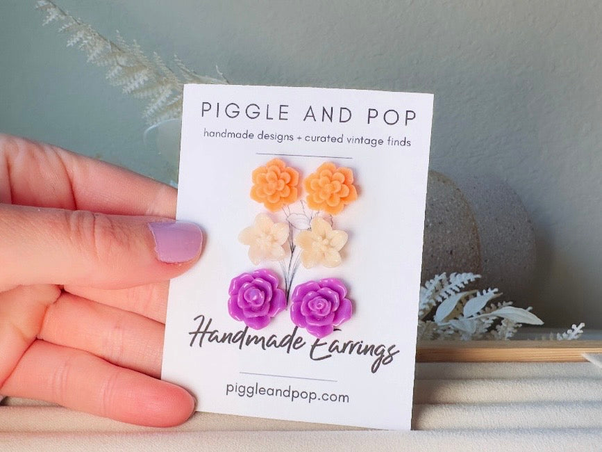 Flower Earring Set in Peach, Purple and Orange, Handmade Hypoallergenic Surgical Steel Floral Earrings