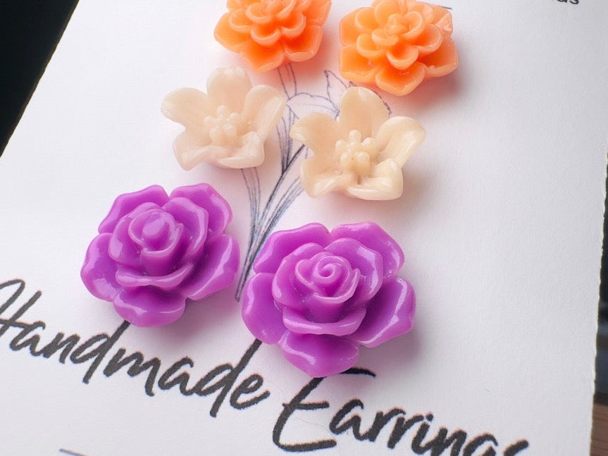 Flower Earring Set in Peach, Purple and Orange, Handmade Hypoallergenic Surgical Steel Floral Earrings