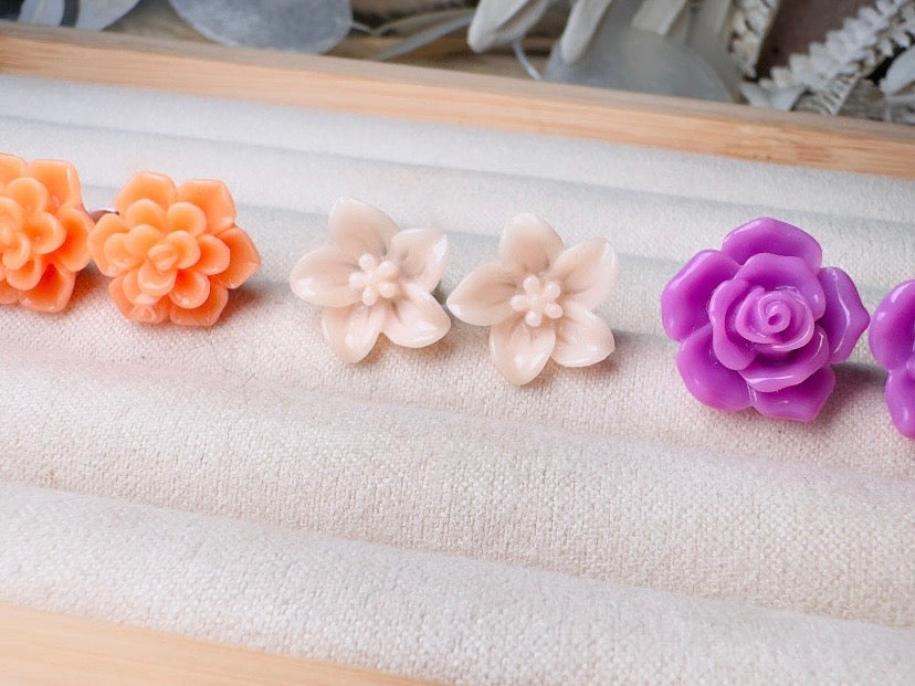 Flower Earring Set in Peach, Purple and Orange, Handmade Hypoallergenic Surgical Steel Floral Earrings