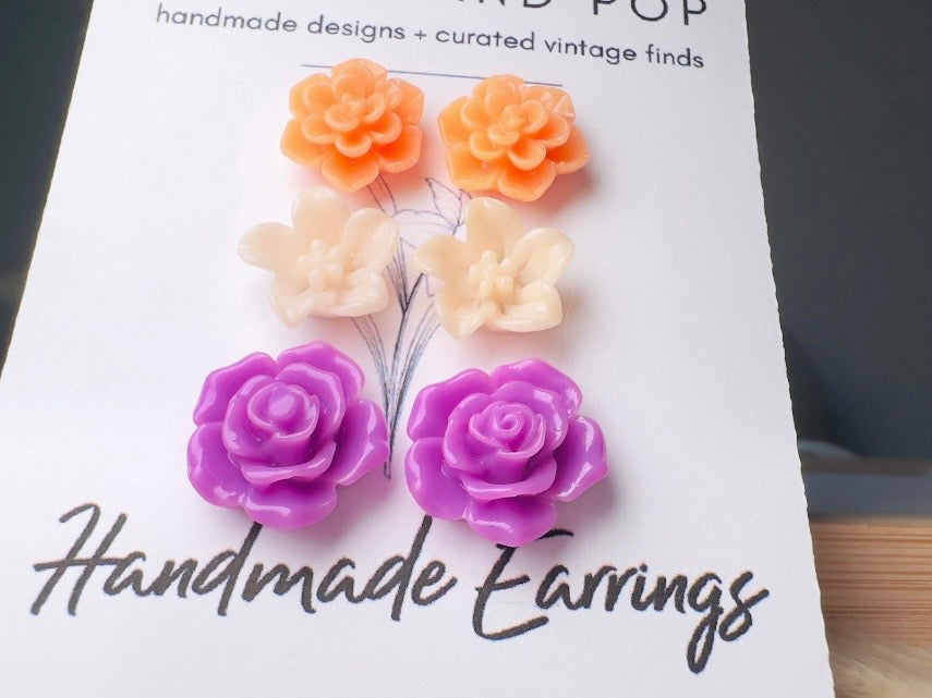 Flower Earring Set in Peach, Purple and Orange, Handmade Hypoallergenic Surgical Steel Floral Earrings