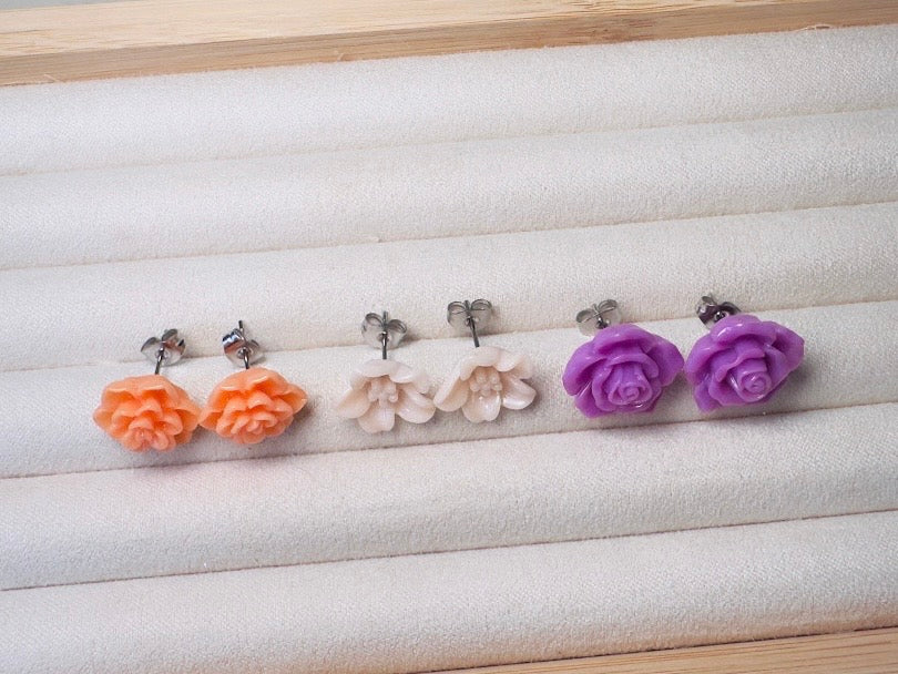 Flower Earring Set in Peach, Purple and Orange, Handmade Hypoallergenic Surgical Steel Floral Earrings