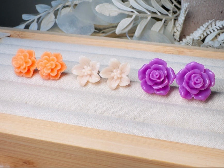 Flower Earring Set in Peach, Purple and Orange, Handmade Hypoallergenic Surgical Steel Floral Earrings