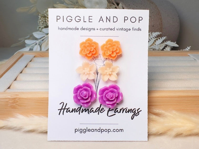 Flower Earring Set in Peach, Purple and Orange, Handmade Hypoallergenic Surgical Steel Floral Earrings