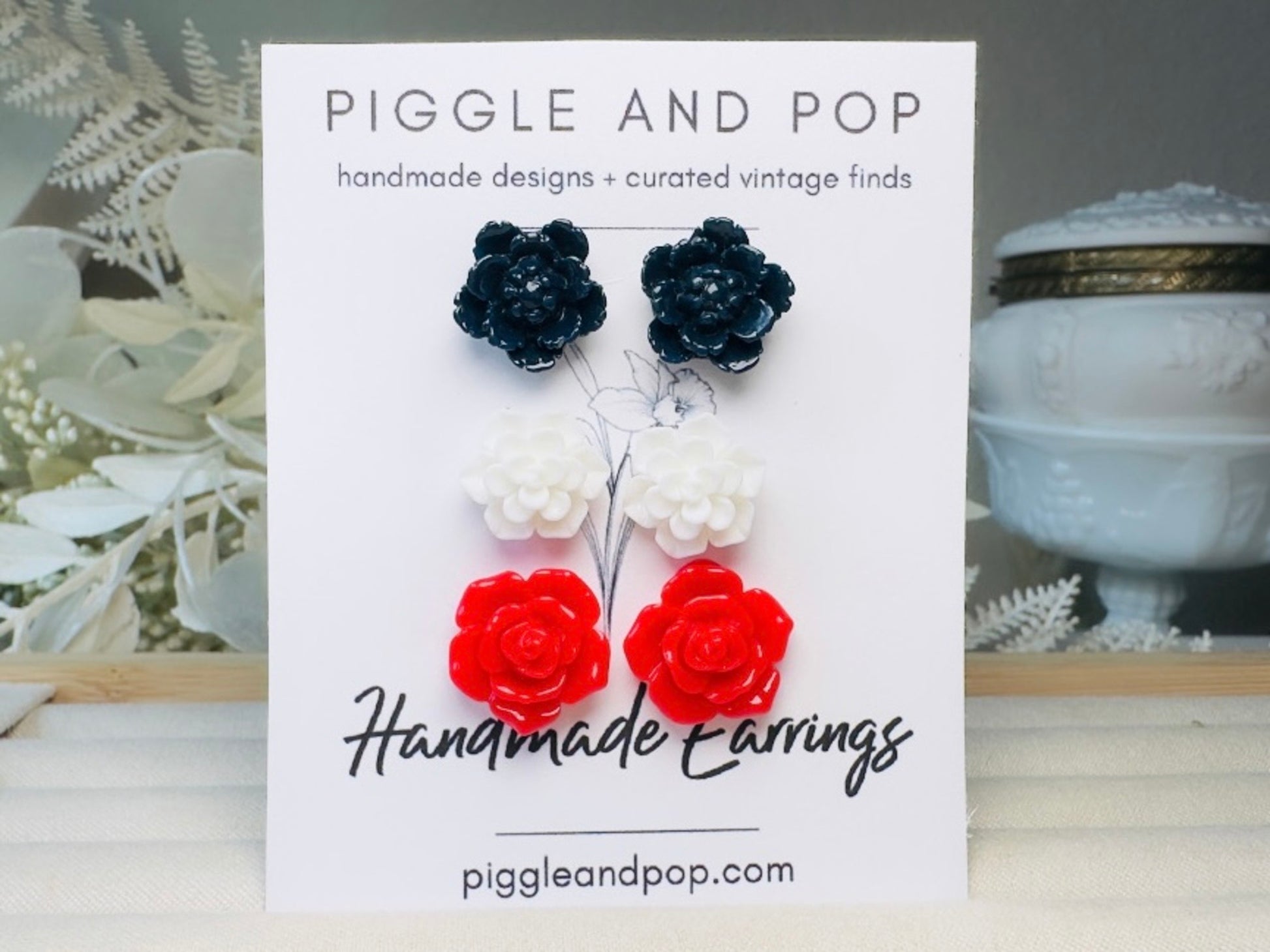 Flower Earring Set in Red, White and Navy, Handmade Hypoallergenic Surgical Steel Floral Earrings