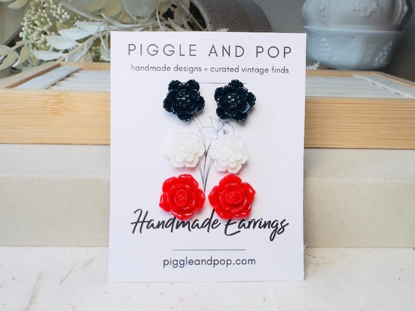 Flower Earring Set in Red, White and Navy, Handmade Hypoallergenic Surgical Steel Floral Earrings
