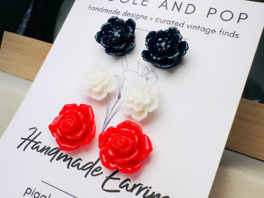 Flower Earring Set in Red, White and Navy, Handmade Hypoallergenic Surgical Steel Floral Earrings