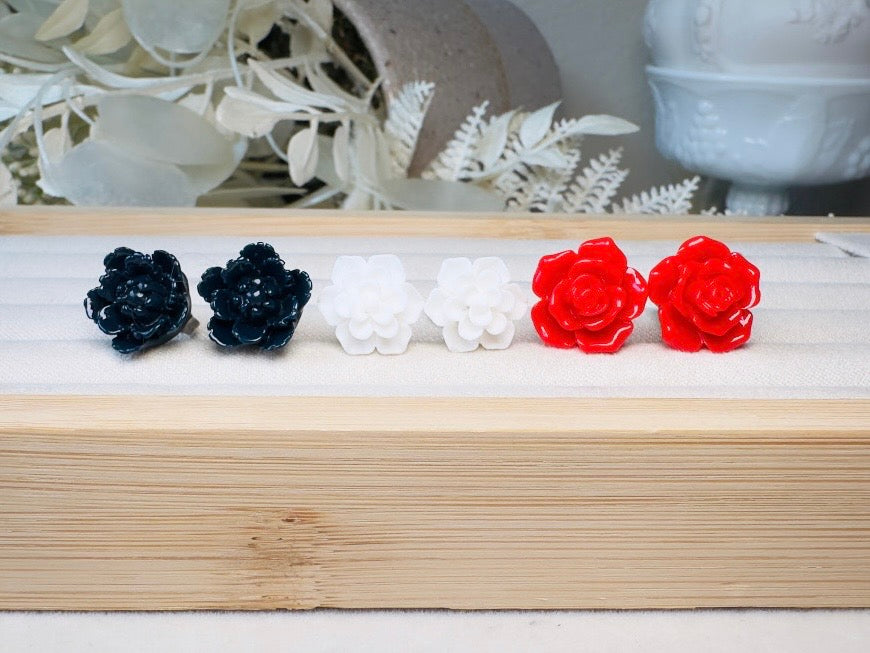 Flower Earring Set in Red, White and Navy, Handmade Hypoallergenic Surgical Steel Floral Earrings