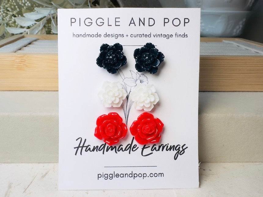 Flower Earring Set in Red, White and Navy, Handmade Hypoallergenic Surgical Steel Floral Earrings