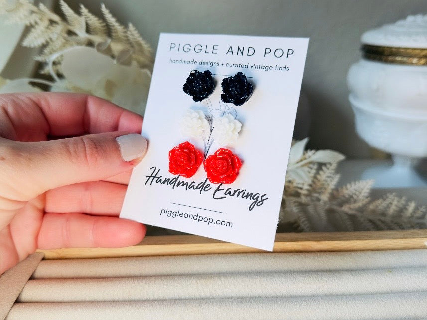 Flower Earring Set in Red, White and Navy, Handmade Hypoallergenic Surgical Steel Floral Earrings