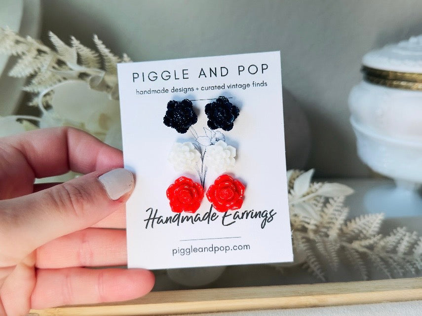 Flower Earring Set in Red, White and Navy, Handmade Hypoallergenic Surgical Steel Floral Earrings