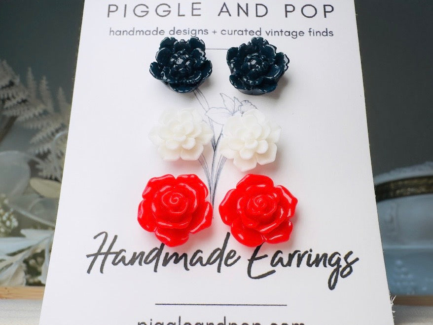 Flower Earring Set in Red, White and Navy, Handmade Hypoallergenic Surgical Steel Floral Earrings