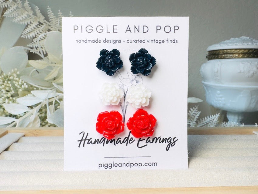 Flower Earring Set in Red, White and Navy, Handmade Hypoallergenic Surgical Steel Floral Earrings