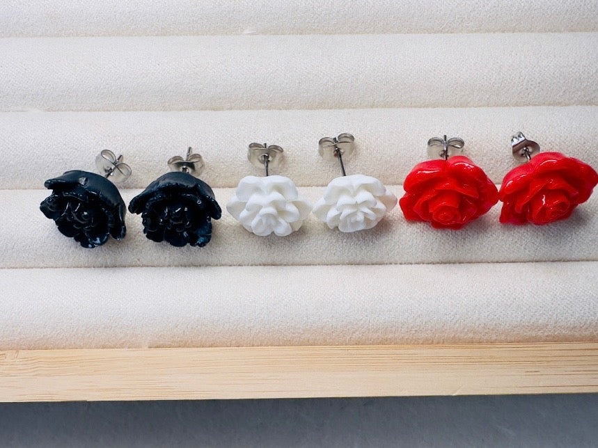 Flower Earring Set in Red, White and Navy, Handmade Hypoallergenic Surgical Steel Floral Earrings