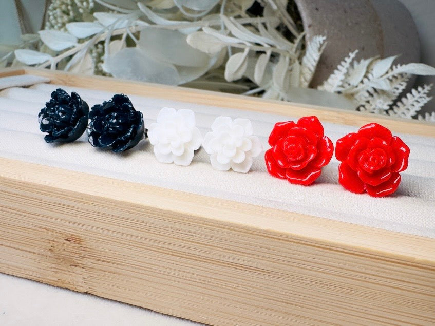 Flower Earring Set in Red, White and Navy, Handmade Hypoallergenic Surgical Steel Floral Earrings
