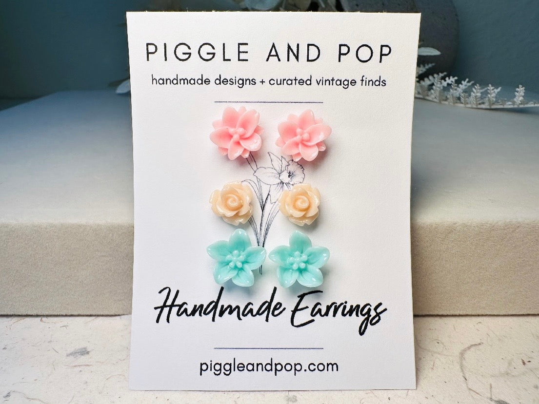 Flower Earring Stud Set in Pastel Shades- Pink Peach and Mint